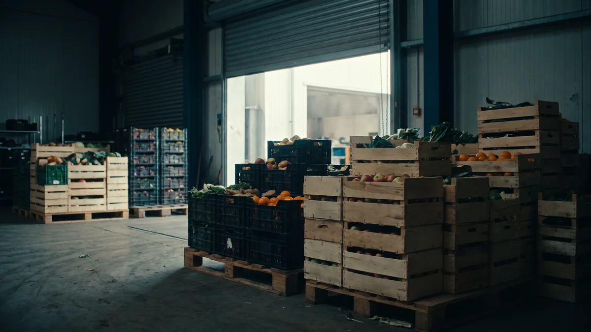 Crates and pallets staged in a loading bay