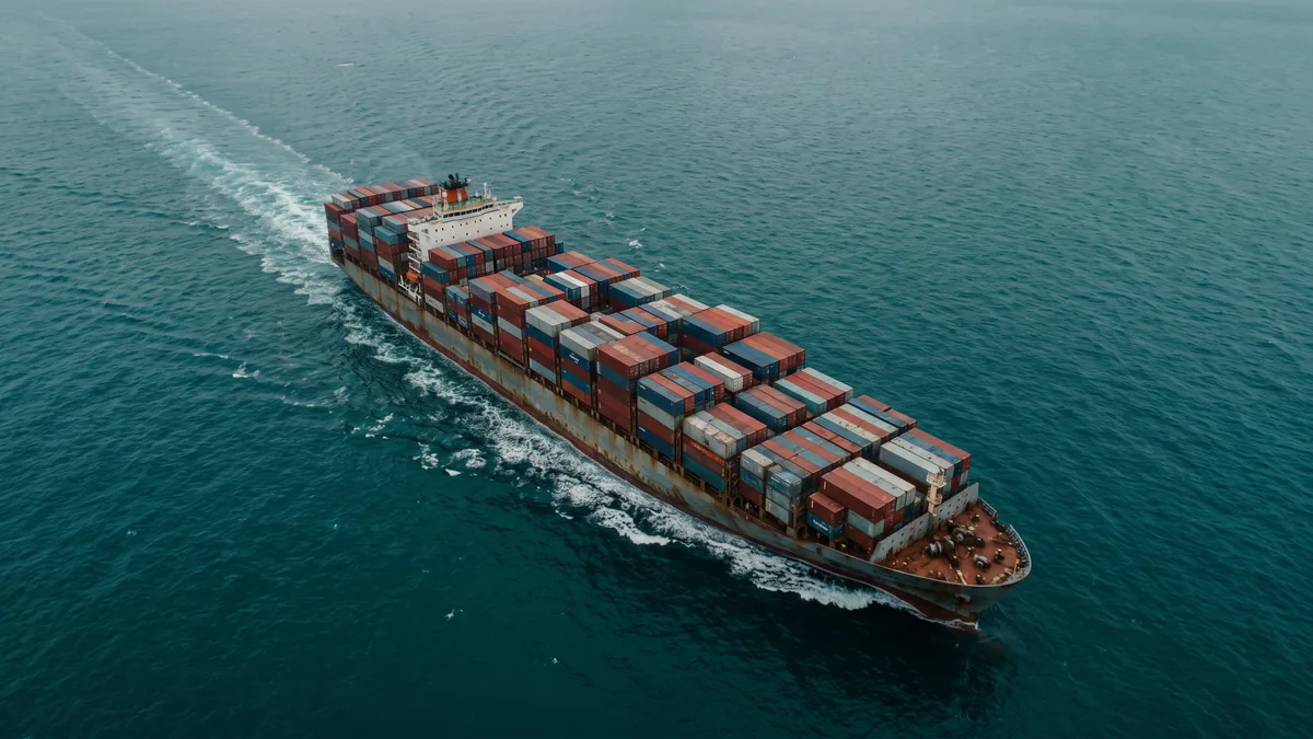 Aerial view of a loaded container ship under way at sea